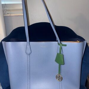 Tory Burch Blue Tote Handbag with Spacious Interior and Gold Accents